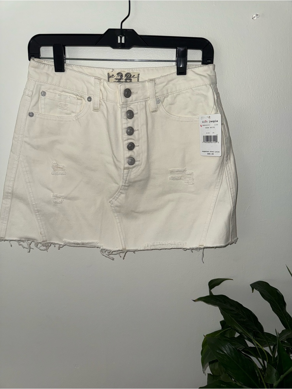 Free People Cream Button-Front Distressed Denim Mini Skirt